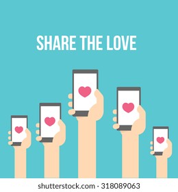 Share The Love, Hands are holding Smart Phone for love message,red heart on the screen of mobile phone, Vector format