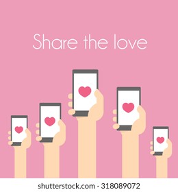 Share The Love, Hands are holding Smart Phone for love message, red heart on the screen of mobile phone, Vector format