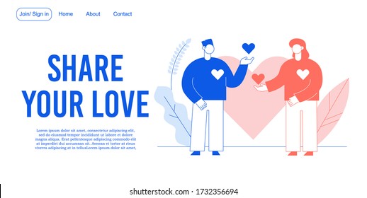 Share love relationship creation development landing page. Online dating service. Social media communication. Man woman exchanging heart metaphor. Charity, kindness, happiness, relation concept