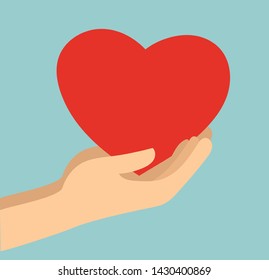 Share love! Vector illustration of hands hold red heart shape  in the flat design