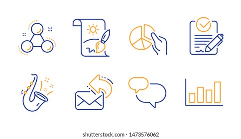 Share mail, Chat message and Rfp line icons set. Chemistry molecule, Pie chart and Jazz signs. Creative painting, Report diagram symbols. New e-mail, Speech bubble. Education set. Vector