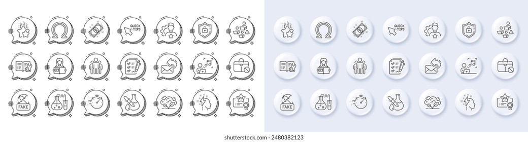 Share mail, Co2 gas and Jobless line icons. White pin 3d buttons, chat bubbles icons. Pack of Brainstorming, Teamwork, Payment icon. Shield, Survey checklist, Omega pictogram. Vector
