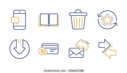 Share mail, Smartphone message and Loyalty points line icons set. Trash bin, Download arrow and Book signs. Payment method, Synchronize symbols. New e-mail, Cellphone chat. Technology set. Vector