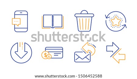 Share mail, Smartphone message and Loyalty points line icons set. Trash bin, Download arrow and Book signs. Payment method, Synchronize symbols. New e-mail, Cellphone chat. Technology set. Vector