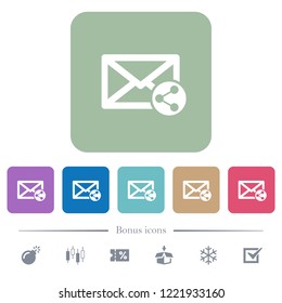Share mail white flat icons on color rounded square backgrounds. 6 bonus icons included