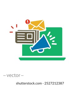 compartilhar mídia mais recente, ícone de conteúdo de notícias, blog pessoal social, informações mais recentes, anúncio de megafone, ilustração de vetor plana