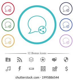 Share message flat color icons in circle shape outlines. 12 bonus icons included.
