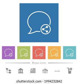 Compartir iconos blancos planos de mensajes en fondos cuadrados. 6 iconos de bonificación incluidos.