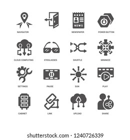 Share, Minimize, Shuffle, Cabinet, Play, Navigator, Cloud computing, Settings, Upload, Link, Newspaper icon 16 set EPS 10 vector format. Icons optimized for both large and small resolutions.