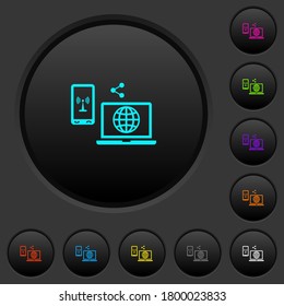 Share mobile internet dark push buttons with vivid color icons on dark grey background