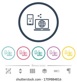 Share mobile internet flat color icons in round outlines. 6 bonus icons included.