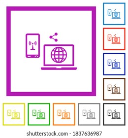 Share mobile internet flat color icons in square frames on white background