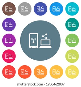 Share mobile internet flat white icons on round color backgrounds. 17 background color variations are included.