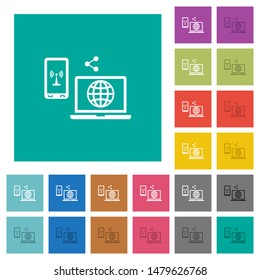 Share mobile internet multi colored flat icons on plain square backgrounds. Included white and darker icon variations for hover or active effects.
