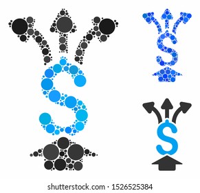 Share money composition for share money icon of filled circles in various sizes and shades. Vector small circles are composed into blue composition. Dotted share money icon in usual and blue versions.