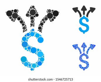 Share money mosaic of small circles in various sizes and color tints, based on share money icon. Vector random circles are united into blue mosaic. Dotted share money icon in usual and blue versions.