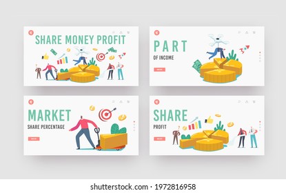 Share Money Profit Landing Page Template Set. Tiny Business Characters Stand at Huge Pie Chart Showing Partners Shares and Stakeholders Investor Dividends. Cartoon People Vector Illustration