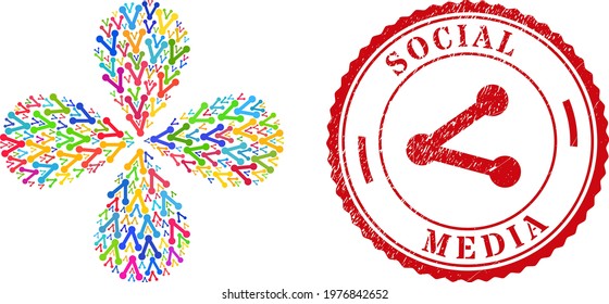 Share multi colored rotation flower shape, and red round SOCIAL MEDIA grunge rubber print. Share symbol inside round watermark. Element flower with 4 petals combined from scattered share symbols.