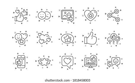 Share network, Like thumbs up and Rating. Social media line icons. Feedback smile linear icon set. Geometric elements. Quality signs set. Vector
