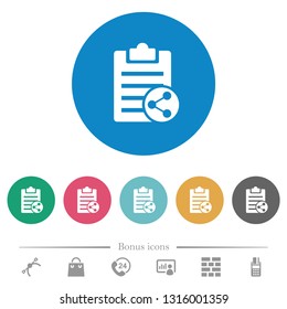 Share note flat white icons on round color backgrounds. 6 bonus icons included.