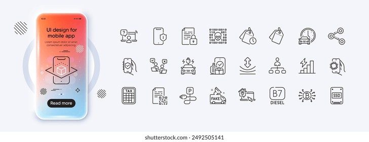 Share, Online question and Management line icons for web app. Phone mockup gradient screen. Pack of Ssd, Bitcoin system, Car charging pictogram icons. Binary code, Book car, Qr code signs. Vector