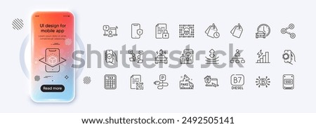 Share, Online question and Management line icons for web app. Phone mockup gradient screen. Pack of Ssd, Bitcoin system, Car charging pictogram icons. Binary code, Book car, Qr code signs. Vector