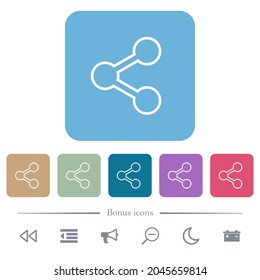 Share outline white flat icons on color rounded square backgrounds. 6 bonus icons included