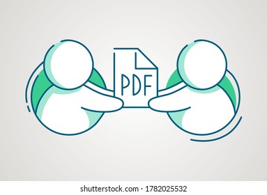 Icono de archivo PDF compartido. El hombre da documento. Cartel del servicio de hospedaje. Diseño de almacenamiento en la nube. Red de personas en línea. Datos adjuntos en el mensaje. Ilustración vectorial.