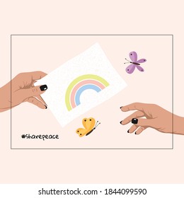 Share peace concept. Symbol of love, gratitude, appreciation, safety. Hands holding and giving card with rainbow and butterflies. Vector illustration in flat style. 