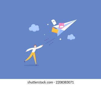 share photo files, documents, folders. application or file sending software. a man launches or flies a paper airplane. illustration concept design. graphic elements
