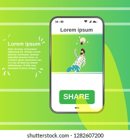 Share a picture on smartphone of a man thinking idias. vector-illustration.