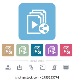 Compartir iconos planos blancos de lista de reproducción en fondo cuadrado redondeado de color. 6 iconos de bonificación incluidos