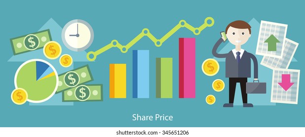 Diseño del concepto de intercambio de precios de acciones. Finanzas de la empresa, dinero bursátil, mercado de divisas, inversión en gráficos, gráfico financiero, análisis comercial, venta de datos, intermediario y económico, ilustración de la inversión