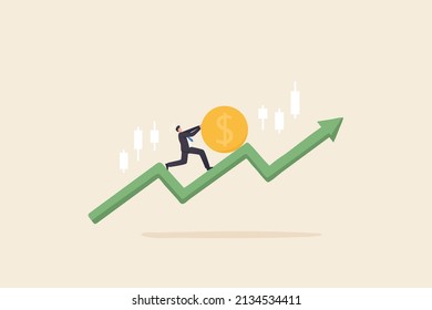 The Share Price Goes Up And The Price Goes Up. Currency Value Growth Business Investors Try Hard To Drive Stocks Up, Arrow Charts And Rising Charts.