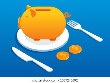 Share the profit on the table concept, with piggy bank and table setting