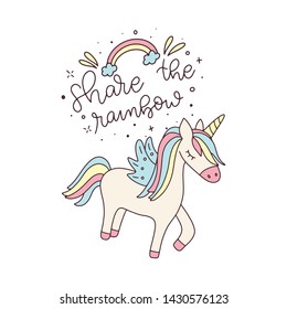 Share the rainbow. Unicorn and Magic Doodles. Cute unicorn and pony card design. Hand drawn line style.