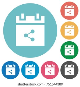 Share schedule flat white icons on round color backgrounds