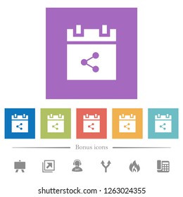 Share schedule item flat white icons in square backgrounds. 6 bonus icons included.