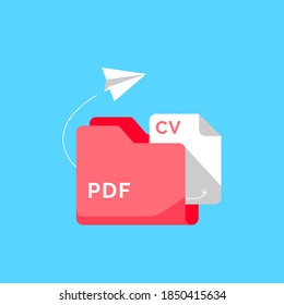 share or send CV with pdf format file document concept metaphor illustration flat design vector. simple style of graphic element, icon, logo, symbol, sign