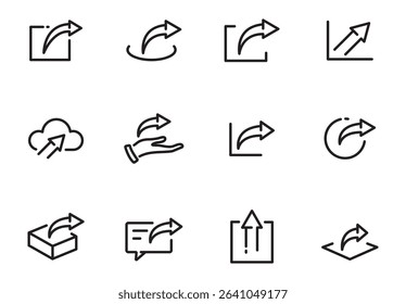 share or send icon set, data sharing, social media post, arrow button concept, thin line symbol isolated on white background, editable stroke eps 10 vector illustration