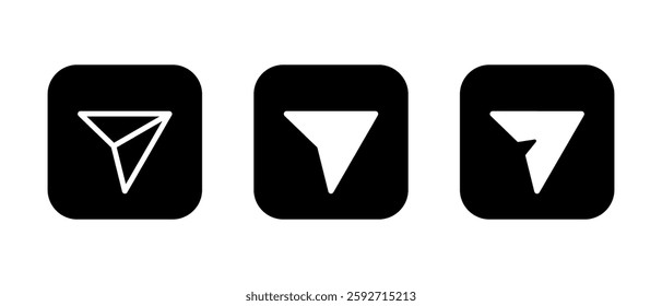 Share, send icon set on black square. Social media paper plane sign symbol