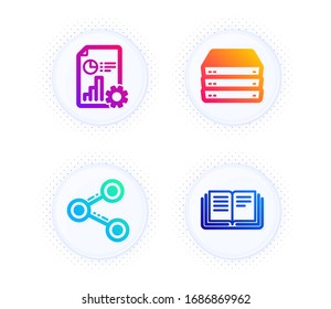 Share, Servers and Report icons simple set. Button with halftone dots. Education sign. Follow network, Big data, Presentation document. Instruction book. Technology set. Vector