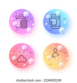Share, Shopping bags and Dog paw minimal line icons. 3d spheres or balls buttons. Mobile like icons. For web, application, printing. Referral person, Sale discount, Pets. Phone thumbs up. Vector