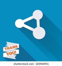 Share sign icon. Link technology symbol. White flat icon with long shadow. Paper ribbon label with Thank you text. Vector