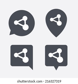 Share sign icon. Link technology symbol. Map pointers information buttons. Speech bubbles with icons. Vector