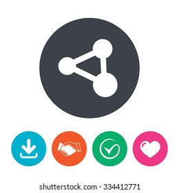 Share sign icon. Link technology symbol. Download arrow, handshake, tick and heart. Flat circle buttons.