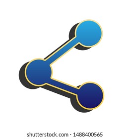 Share sign illustration. Blue icon with gold contour with dark gray shadow at white background. Illustration.