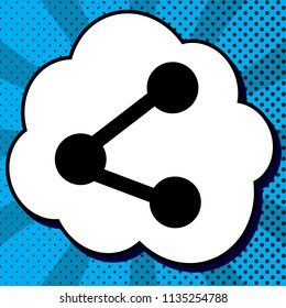 Share sign illustration. Vector. Black icon in bubble on blue pop-art background with rays.