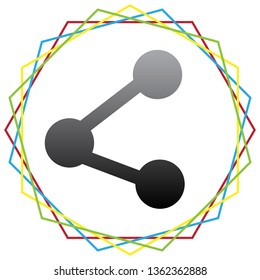 Share sign illustration. Vector. Black icon with patch of light inside colorful hexagonal frames at white background.