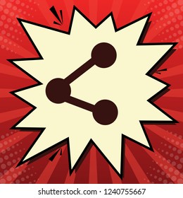 Share sign illustration. Vector. Dark red icon in lemon chiffon shutter bubble at red popart background with rays.
